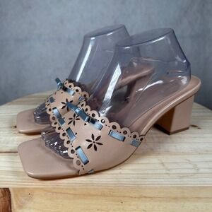 Carl Karida Block Heel Sandals Women 11 Nude Good Scalloped Bow Laser Cut